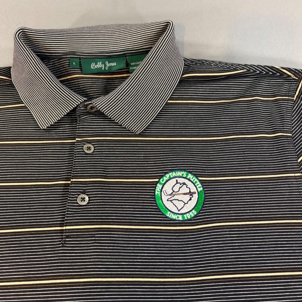 Bobby Jones The Captain's Putter Golf Polo Striped Shirt Large Logo Green